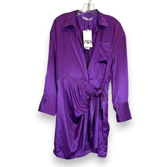 Zara Satin Effect Purple Wrap Dress Mini Medium - Picture 15 of 15